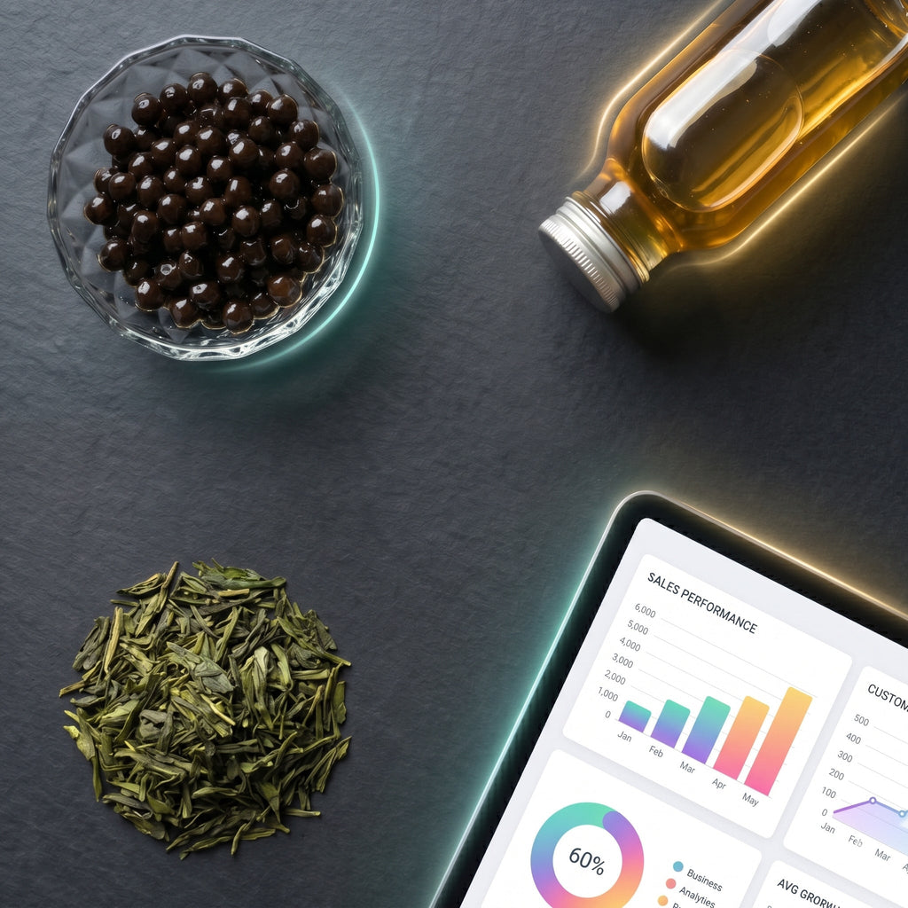 Premium-Zutaten und Businessplan für die Eröffnung eines Bubble Tea Ladens auf dunklem Hintergrund