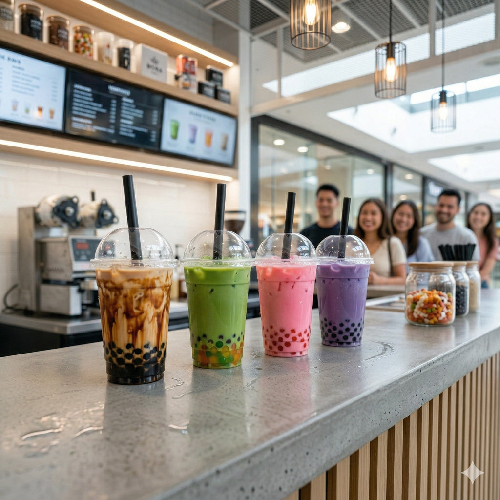 Zwei Premium Bubble Tea Getränke mit Tapioka und Juice Balls auf einer Holztheke vor professionellem Café-Equipment. Das perfekte Format für die Eröffnung eines Bubble Tea Geschäfts und die Kostenkalkulation 2026 von BobaBit.