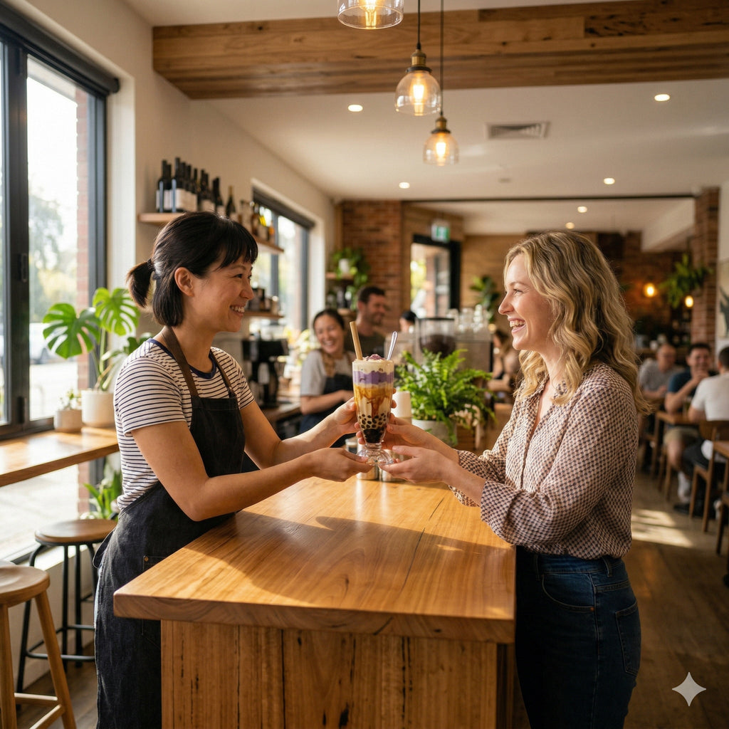 Ein freundlicher Barista überreicht einem glücklichen Kunden einen farbenfrohen Bubble Tea in einem modernen Café – BobaBit Kundenbindung