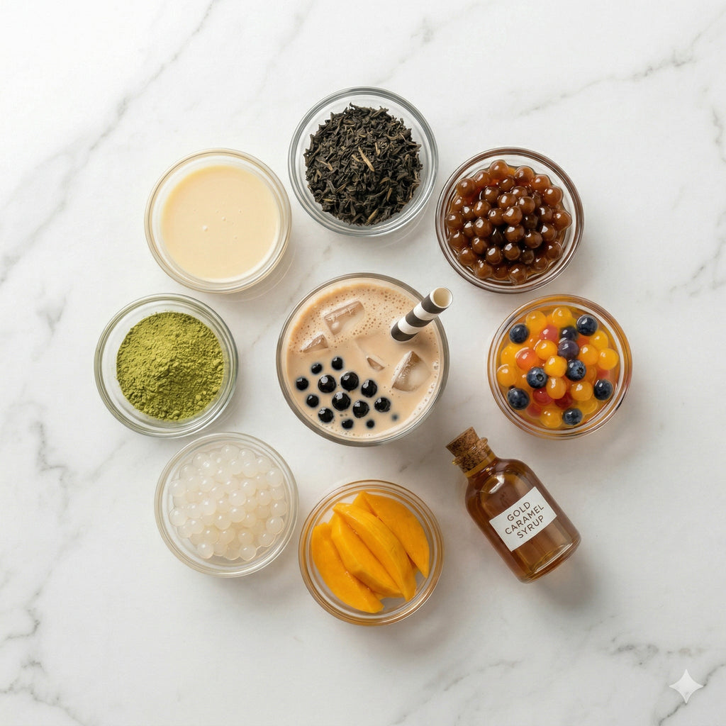 Premium Bubble Tea Zutaten System: Palette aus Tapioka, Popping Boba, Tee und Sirup für das perfekte Getränk von BobaBit
