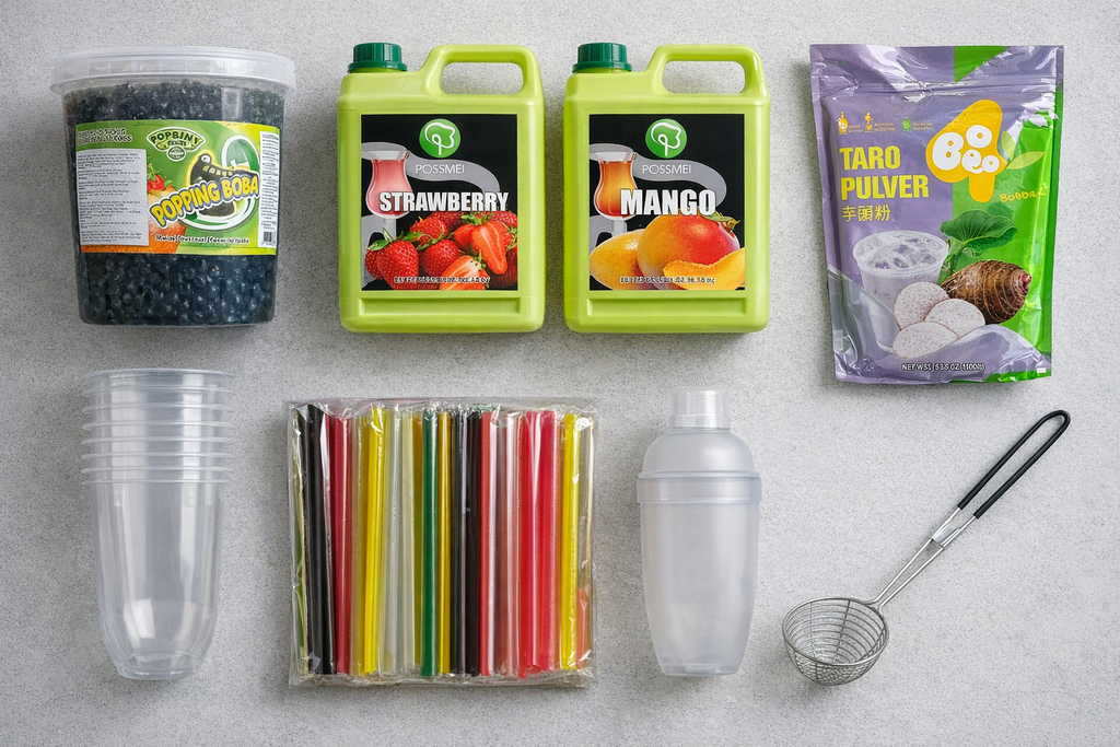 Bubble Tea B2B Starter-Set S Mini Start mit Sirup, Popping Boba und Zubehör für Gastronomie