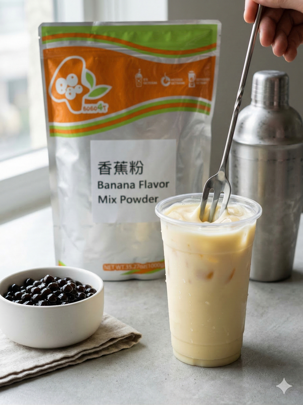 Professionelle Zubereitung von cremigem Bananen-Milk-Tea mit Tapioka-Perlen in der Gastronomie.