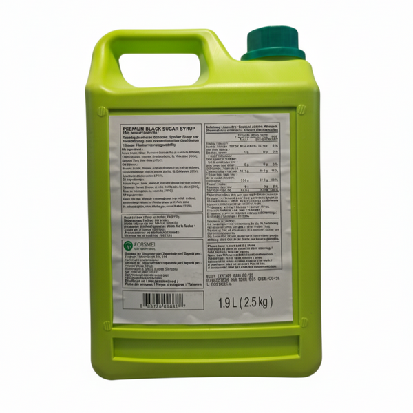 Black sugar syrup for Bubble Tea in plastic canister, back label with ingredients and nutritional values