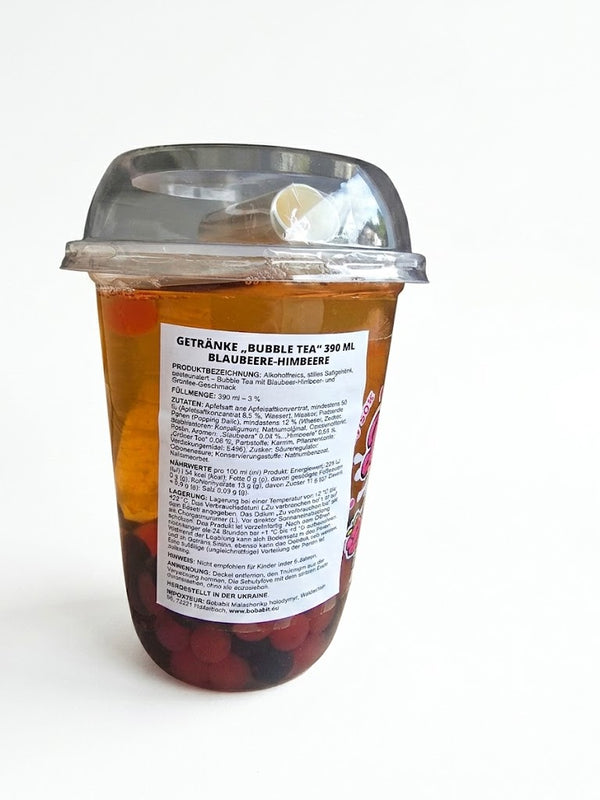 Bubble Tea 390 ml Blaubeere-Himbeere – trinkfertig mit Popping Boba