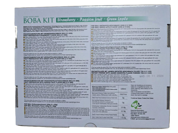 Boba Kit packaging with importer information and detailed ingredients list