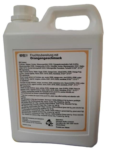 Rückseite der Fruchtzubereitung Orange 2,5 kg mit Zutatenangaben
