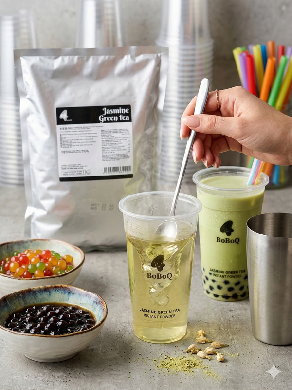 1 kg Packung Jasmin Grüntee Pulver (Instant) der Marke BoBoQ für aromatischen Bubble Tea Milk Tea.