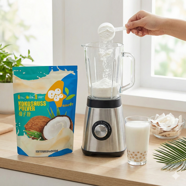 Frische Zubereitung eines Kokos-Bubble-Teas im Standmixer