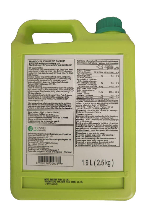 Back view of mango flavored syrup container with ingredients list and nutrition facts