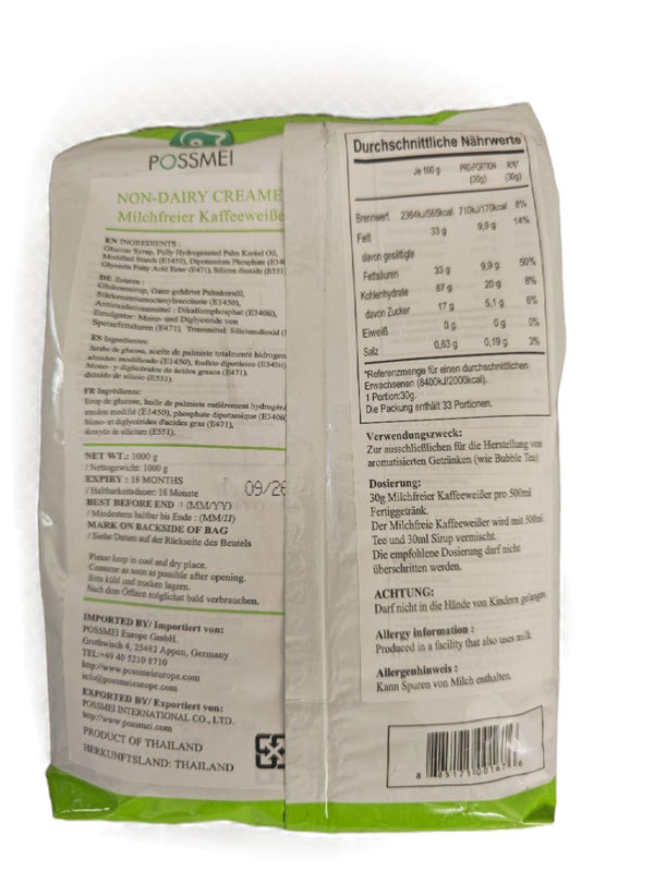 Back view of non-dairy creamer package showing ingredients and nutritional information