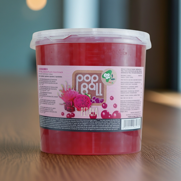 Nahaufnahme der Verpackung mit rosa Drachenfrucht Pop Balls