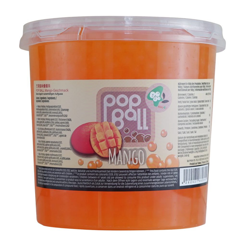 Großer Eimer mit Mango Popping Boba Perlen für fruchtige Bubble-Tea-Getränke