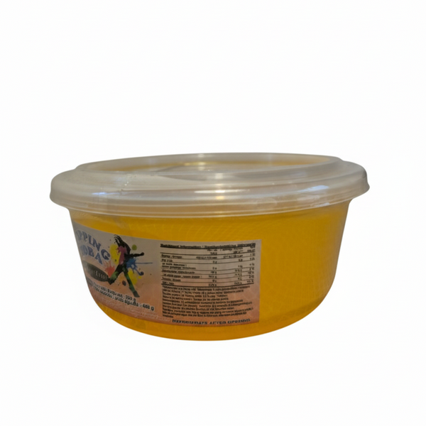 Passion fruit popping boba pearls in plastic container, side view with product label