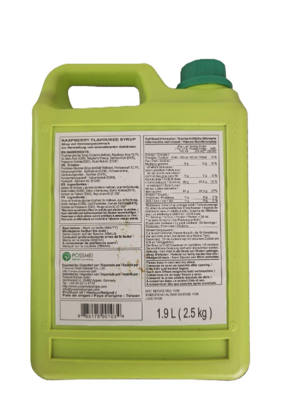 Back view of raspberry flavored syrup container with ingredients list and nutrition facts