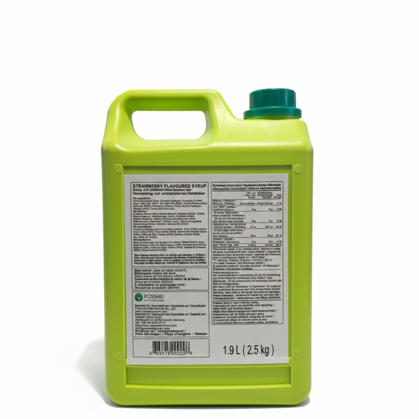 Strawberry flavoured syrup for Bubble Tea in plastic canister, back label with ingredients and nutrition information
