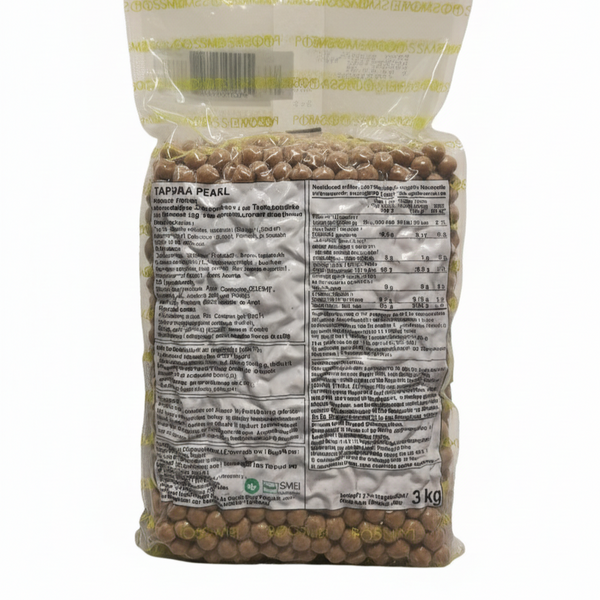 Tapioca pearls for Bubble Tea, back side of bulk packaging with ingredients and preparation information
