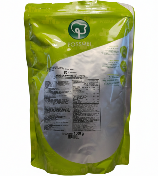 Vanilla instant powder for Bubble Tea, back side of packaging with ingredients and nutrition facts